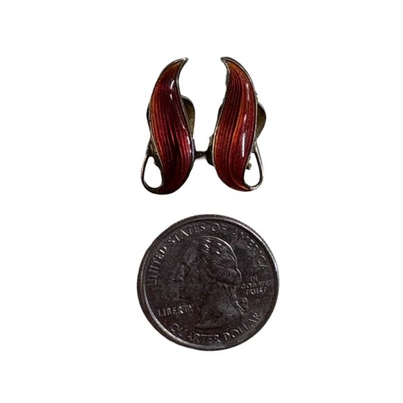 Aksel Holmsen Norway Vintage Red Guilloche Enamel Sterling Silver Vtg Earrings - Picture 10 of 10